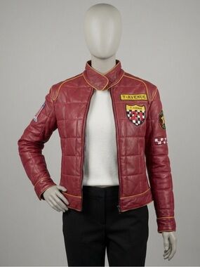 Avenue Women’s Quilted Red Leather Jacket with Racing Patches